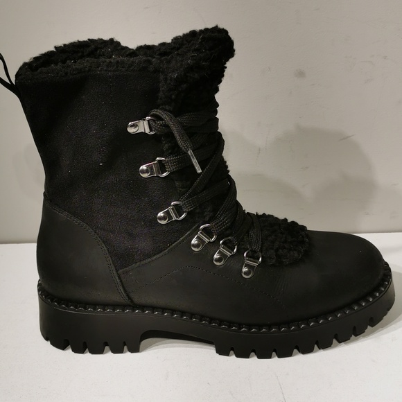 Bootlegger Black Military Combat Lace Up Sherpa Leather Boots - Picture 3 of 10